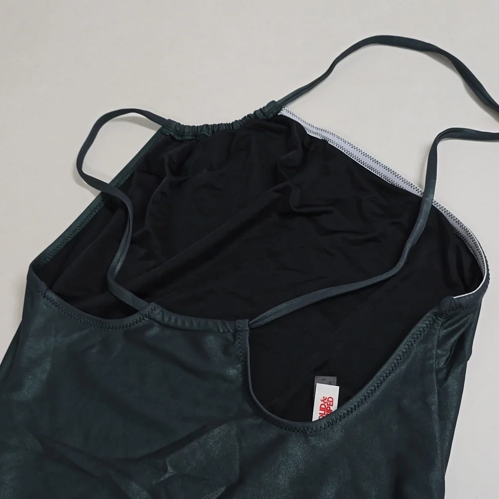 Solid And Stripped Dark Green One-Piece Swimsuit